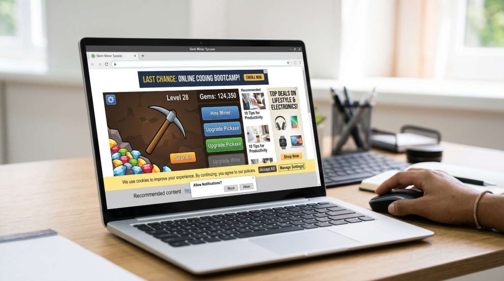 Laptop browser window clicker game